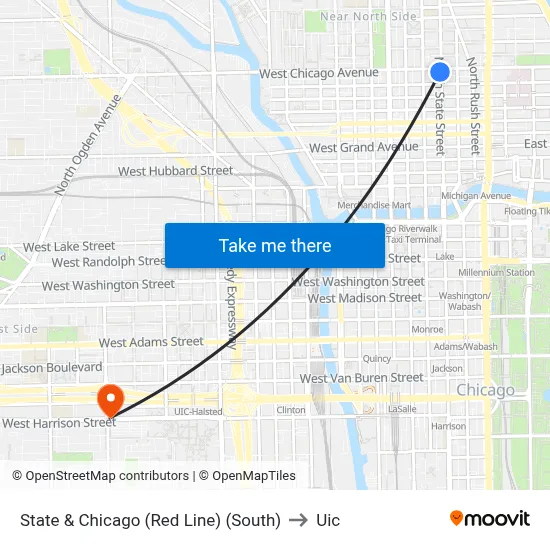 State & Chicago (Red Line) (South) to Uic map