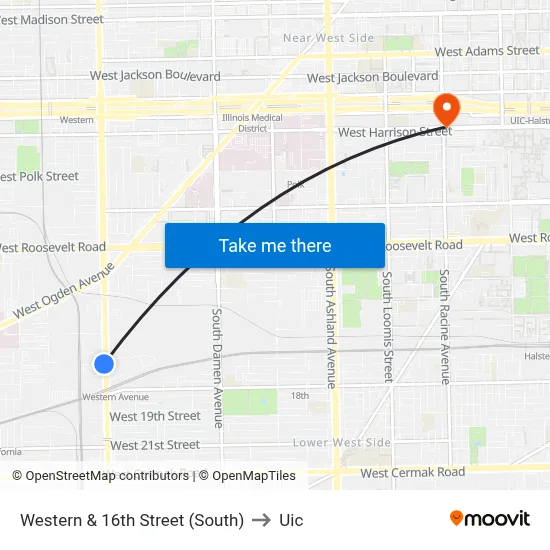 Western & 16th Street (South) to Uic map