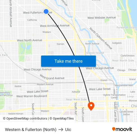 Western & Fullerton (North) to Uic map