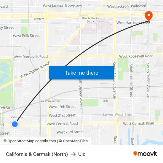 California & Cermak (North) to Uic map