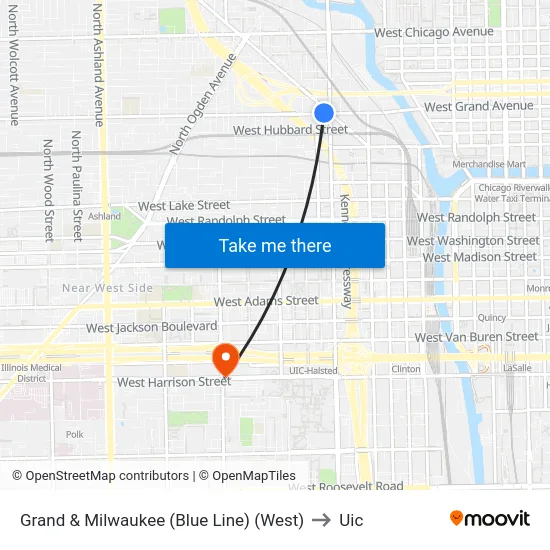 Grand & Milwaukee (Blue Line) (West) to Uic map