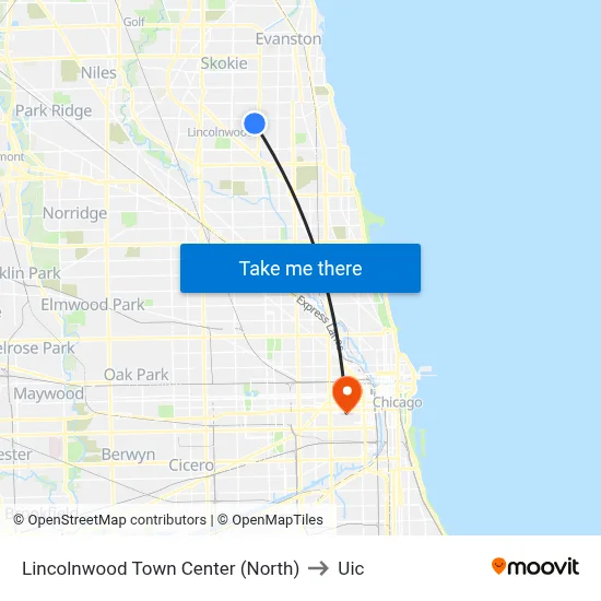 Lincolnwood Town Center (North) to Uic map