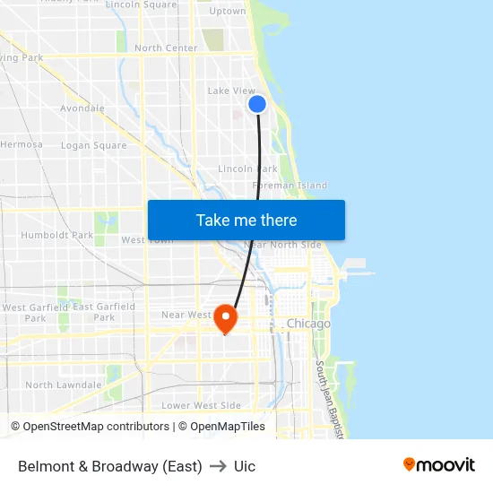 Belmont & Broadway (East) to Uic map