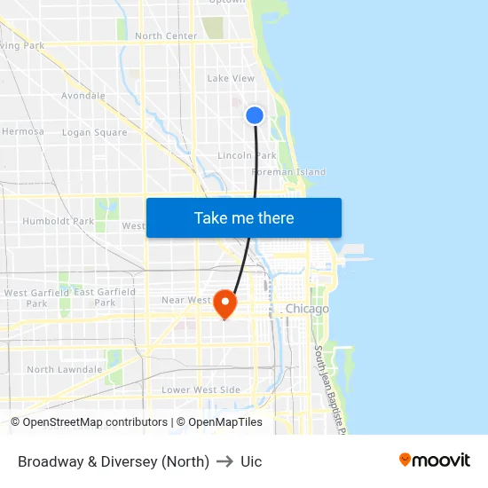 Broadway & Diversey (North) to Uic map