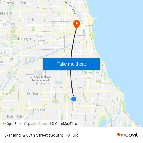 Ashland & 87th Street (South) to Uic map