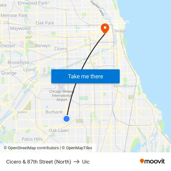 Cicero & 87th Street (North) to Uic map