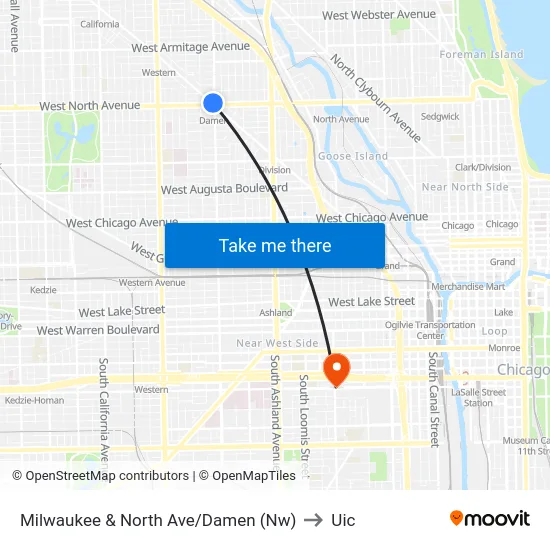 Milwaukee & North Ave/Damen (Nw) to Uic map