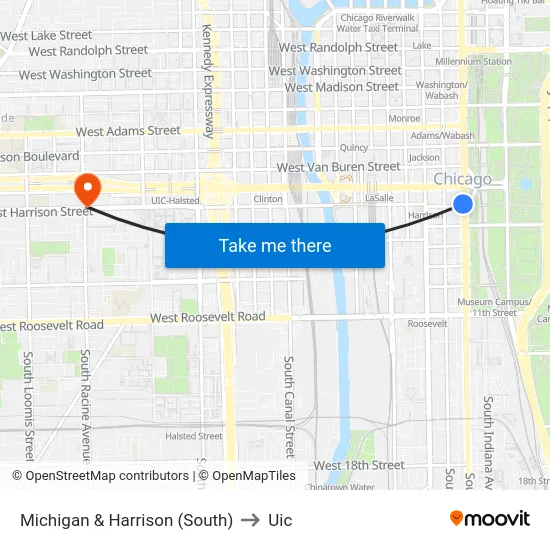 Michigan & Harrison (South) to Uic map