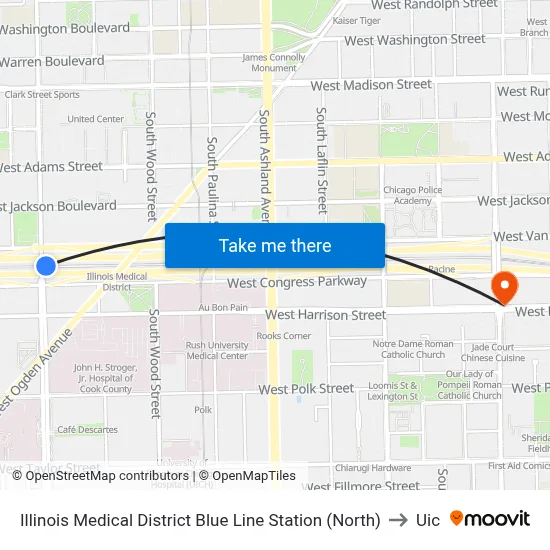 Illinois Medical District Blue Line Station (North) to Uic map