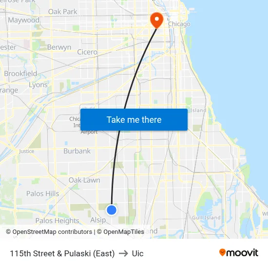 115th Street & Pulaski (East) to Uic map