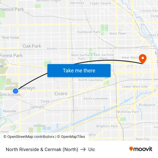 North Riverside & Cermak (North) to Uic map