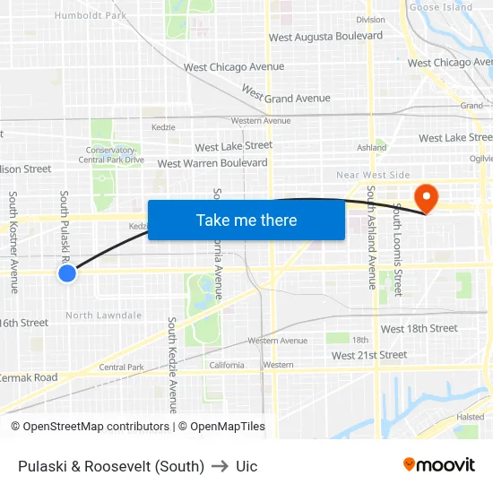 Pulaski & Roosevelt (South) to Uic map