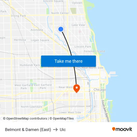 Belmont & Damen (East) to Uic map