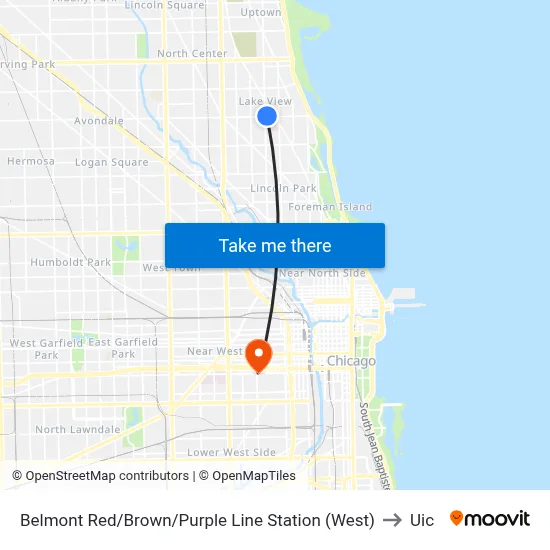 Belmont Red/Brown/Purple Line Station (West) to Uic map