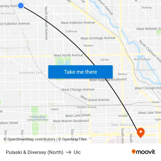 Pulaski & Diversey (North) to Uic map