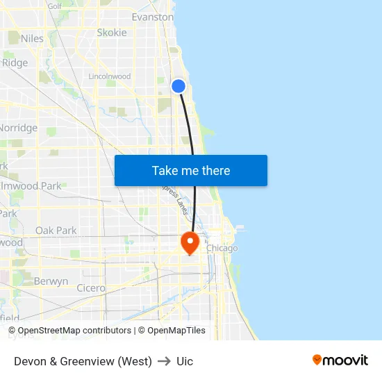 Devon & Greenview (West) to Uic map
