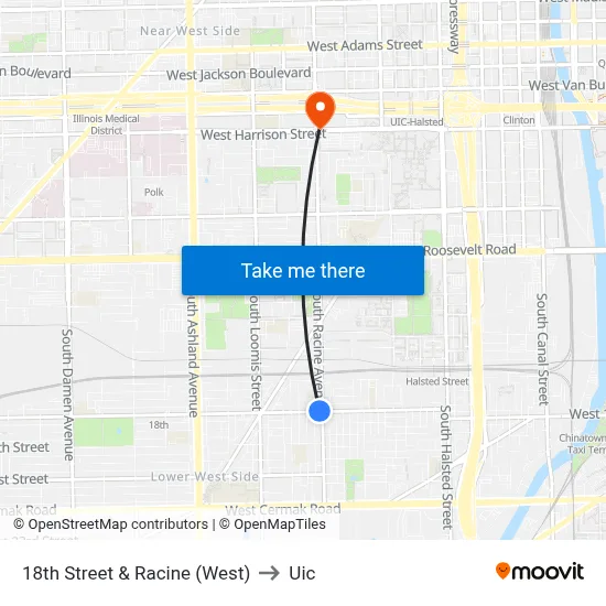 18th Street & Racine (West) to Uic map