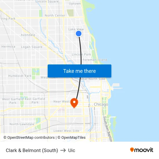 Clark & Belmont (South) to Uic map
