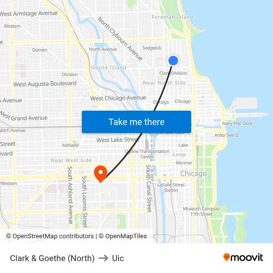 Clark & Goethe (North) to Uic map