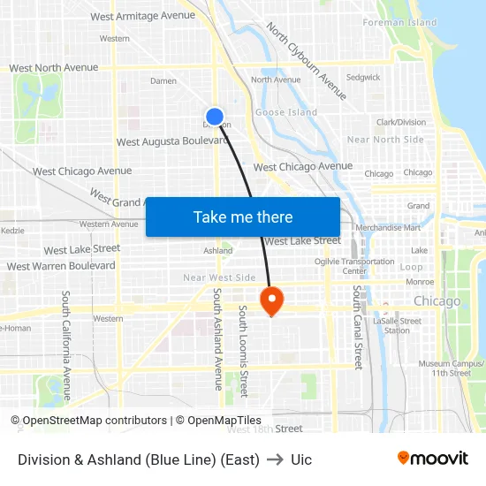 Division & Ashland (Blue Line) (East) to Uic map