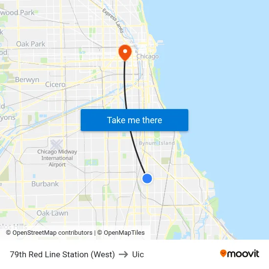 79th Red Line Station (West) to Uic map