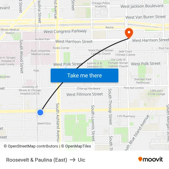 Roosevelt & Paulina (East) to Uic map