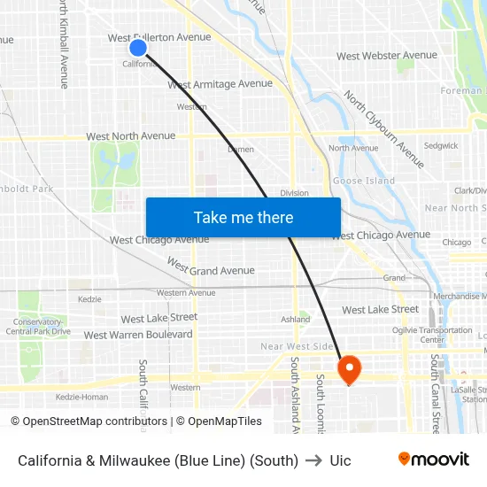 California & Milwaukee (Blue Line) (South) to Uic map