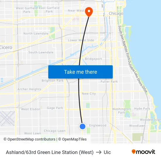 Ashland/63rd Green Line Station (West) to Uic map
