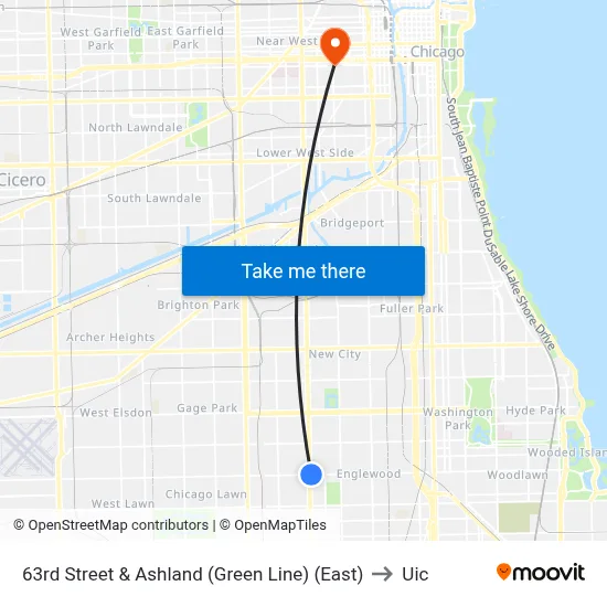 63rd Street & Ashland (Green Line) (East) to Uic map