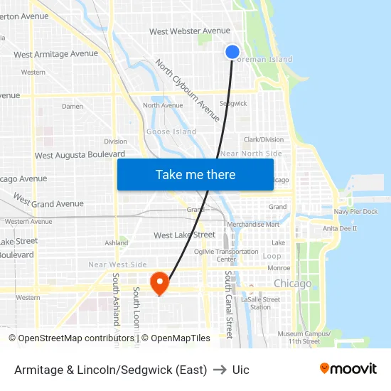 Armitage & Lincoln/Sedgwick (East) to Uic map