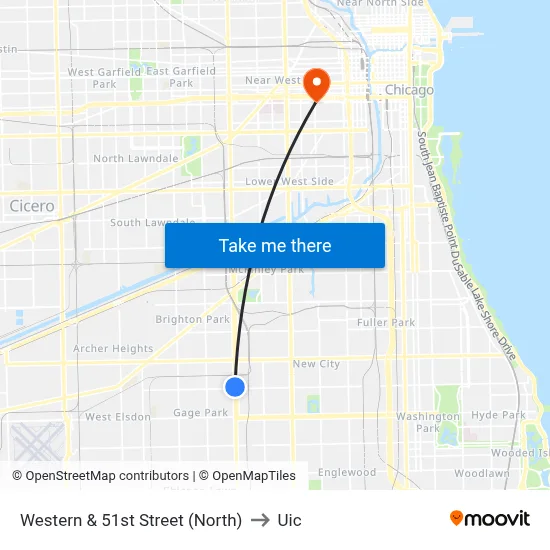 Western & 51st Street (North) to Uic map