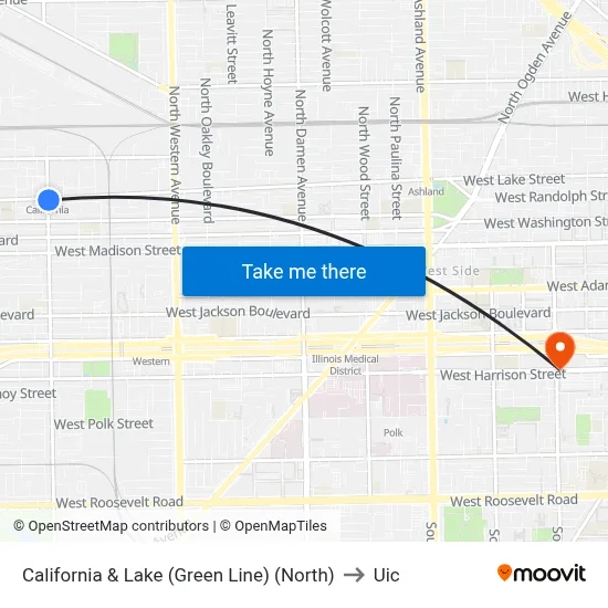 California & Lake (Green Line) (North) to Uic map