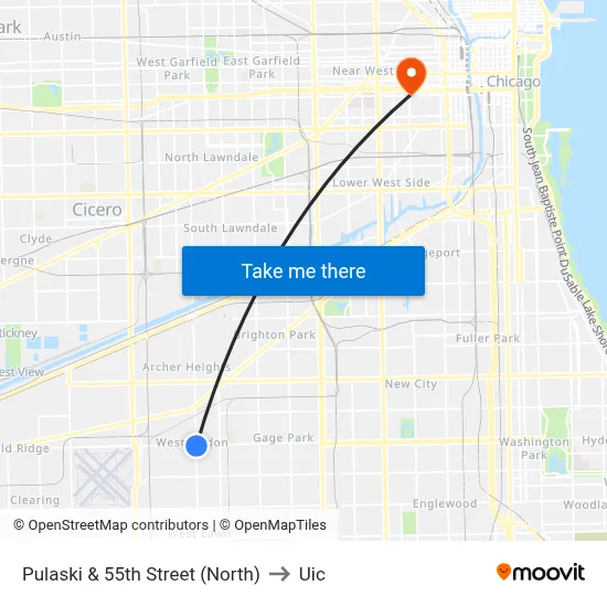 Pulaski & 55th Street (North) to Uic map