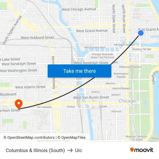 Columbus & Illinois (South) to Uic map
