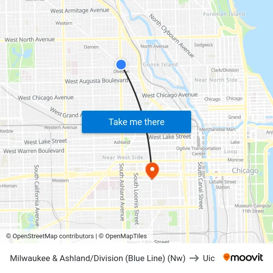 Milwaukee & Ashland/Division (Blue Line) (Nw) to Uic map