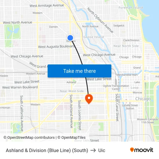 Ashland & Division (Blue Line) (South) to Uic map