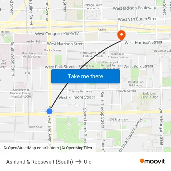 Ashland & Roosevelt (South) to Uic map