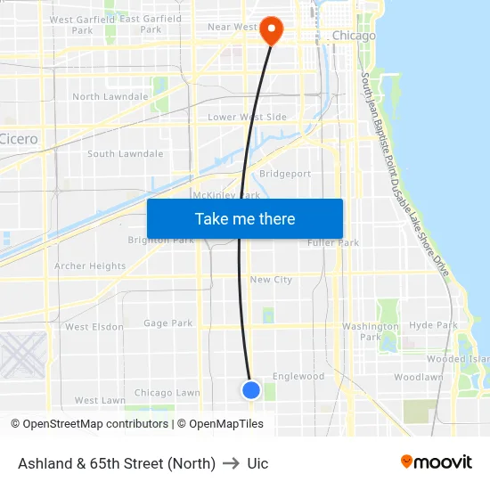 Ashland & 65th Street (North) to Uic map