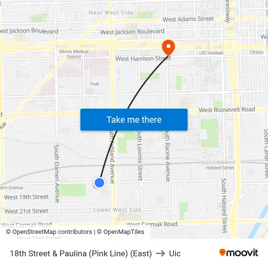 18th Street & Paulina (Pink Line) (East) to Uic map