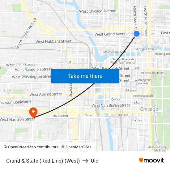 Grand & State (Red Line) (West) to Uic map