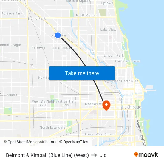 Belmont & Kimball (Blue Line) (West) to Uic map