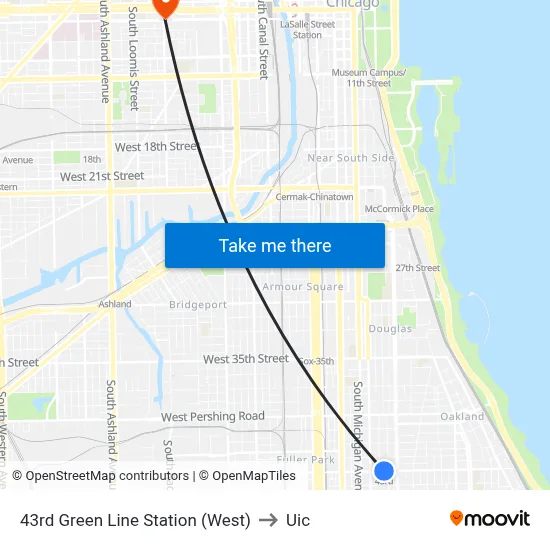 43rd Green Line Station (West) to Uic map