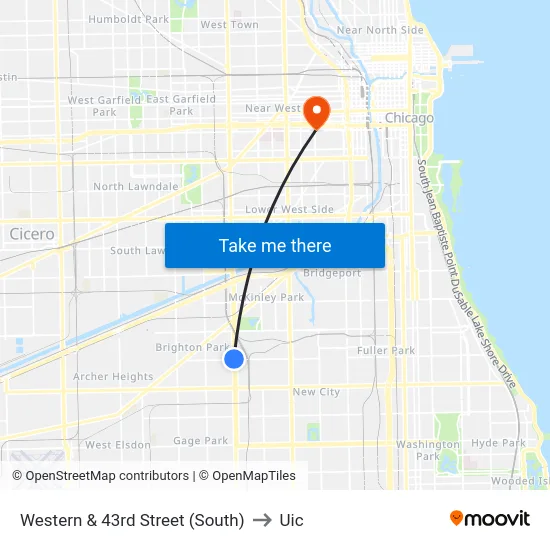 Western & 43rd Street (South) to Uic map