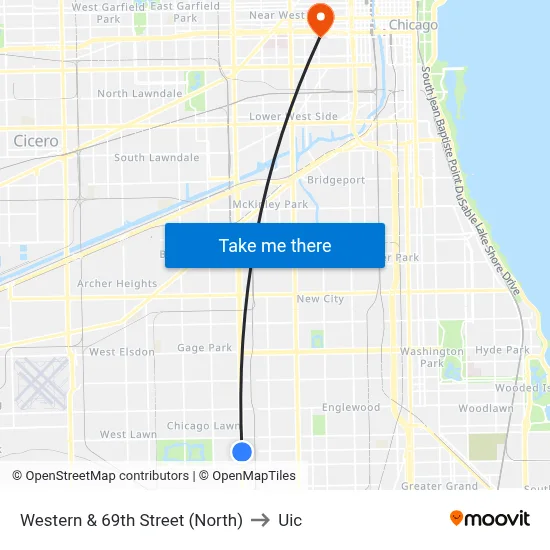 Western & 69th Street (North) to Uic map