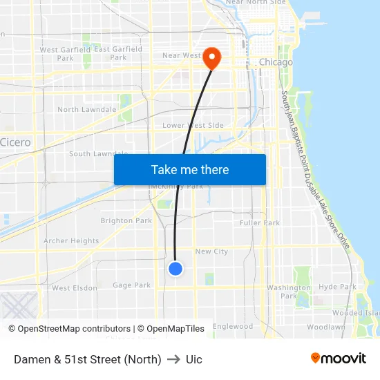 Damen & 51st Street (North) to Uic map