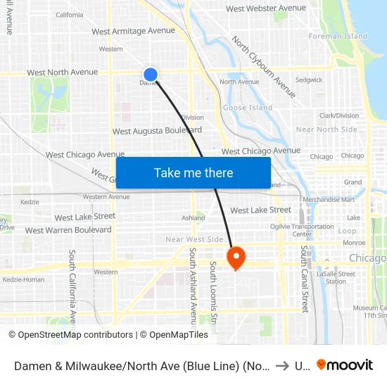 Damen & Milwaukee/North Ave (Blue Line) (North) to Uic map