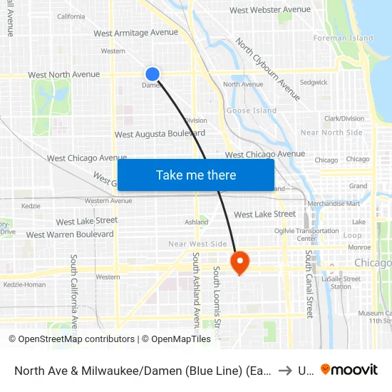 North Ave & Milwaukee/Damen (Blue Line) (East) to Uic map