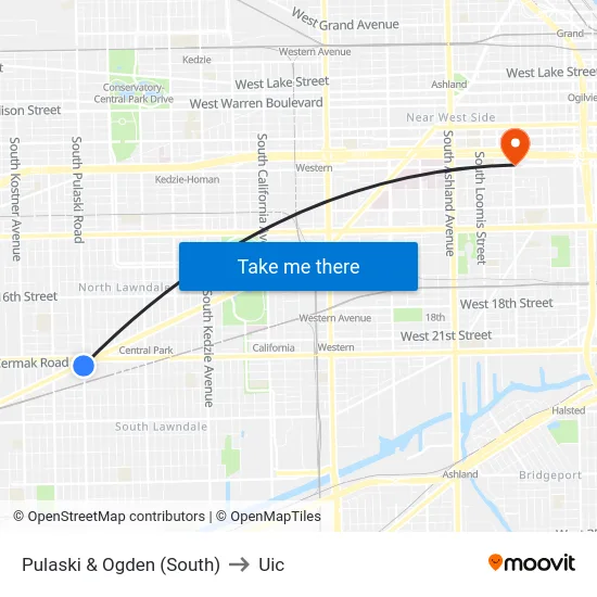 Pulaski & Ogden (South) to Uic map