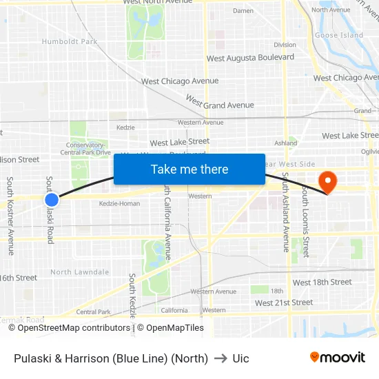 Pulaski & Harrison (Blue Line) (North) to Uic map