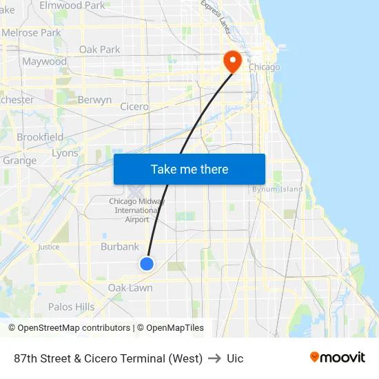 87th Street & Cicero Terminal (West) to Uic map